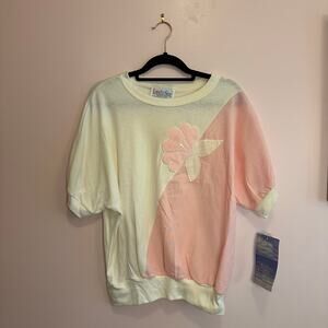 Vintage Deadstock 80s/90s Pink Dolman Sleeve Floral Applique Shirt Medium